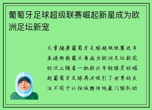 葡萄牙足球超级联赛崛起新星成为欧洲足坛新宠