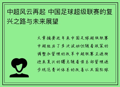 中超风云再起 中国足球超级联赛的复兴之路与未来展望