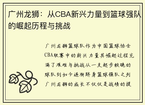 广州龙狮：从CBA新兴力量到篮球强队的崛起历程与挑战